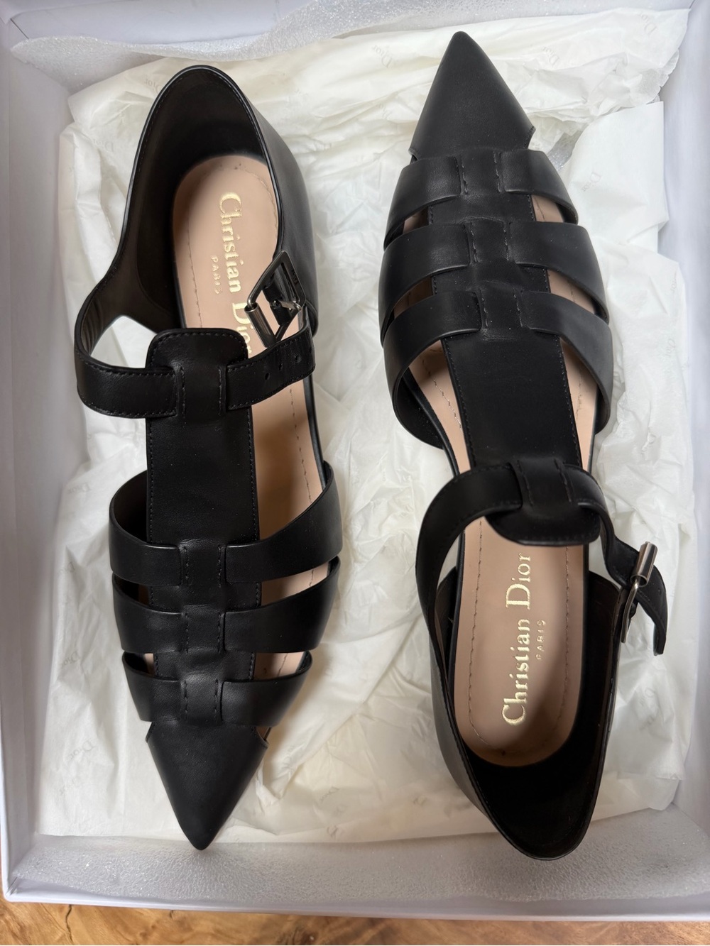 Dior Black Leather Pointed-Weave Flats